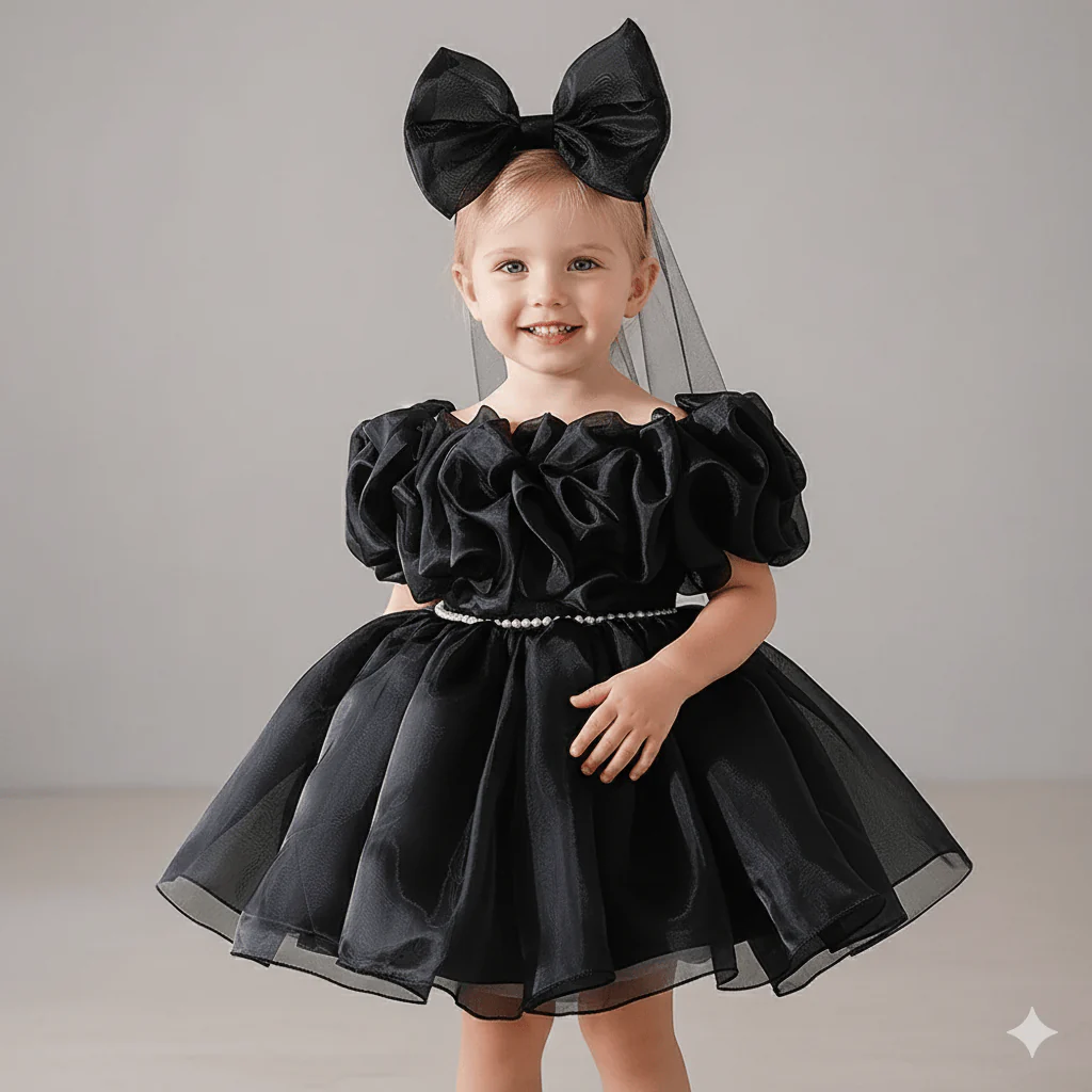 Girl's Black Couture Party Dress with Rosettes - Image 2