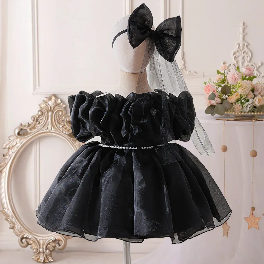 Girl's Black Couture Party Dress with Rosettes - Image 4