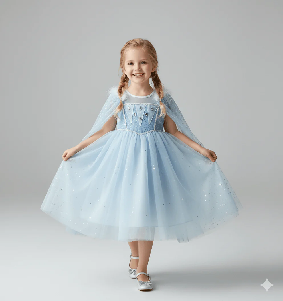 Girls' Blue Princess Dress with Detachable Shawl - Image 2