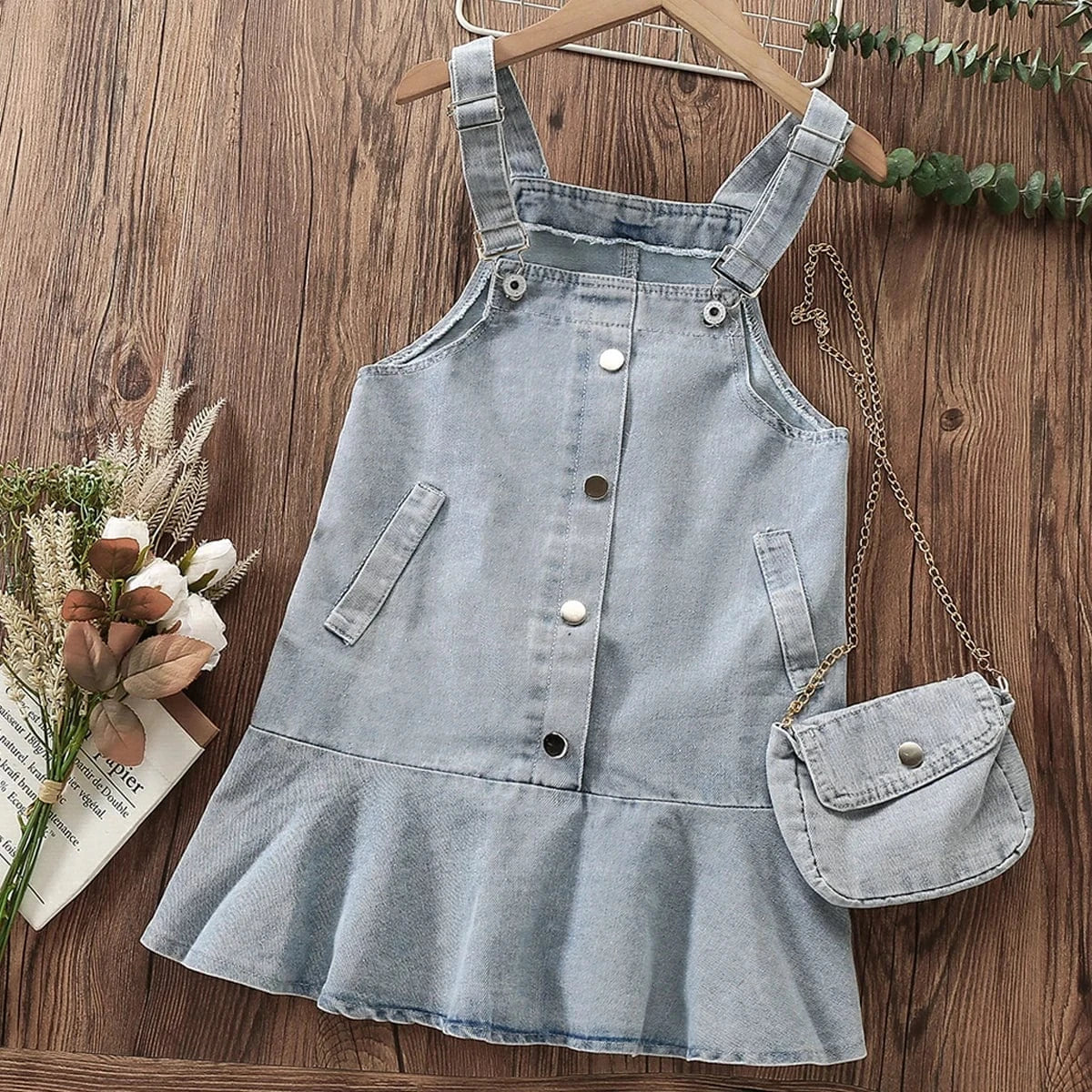 Girls' Denim Ruffle Dress with Purse - Image 7