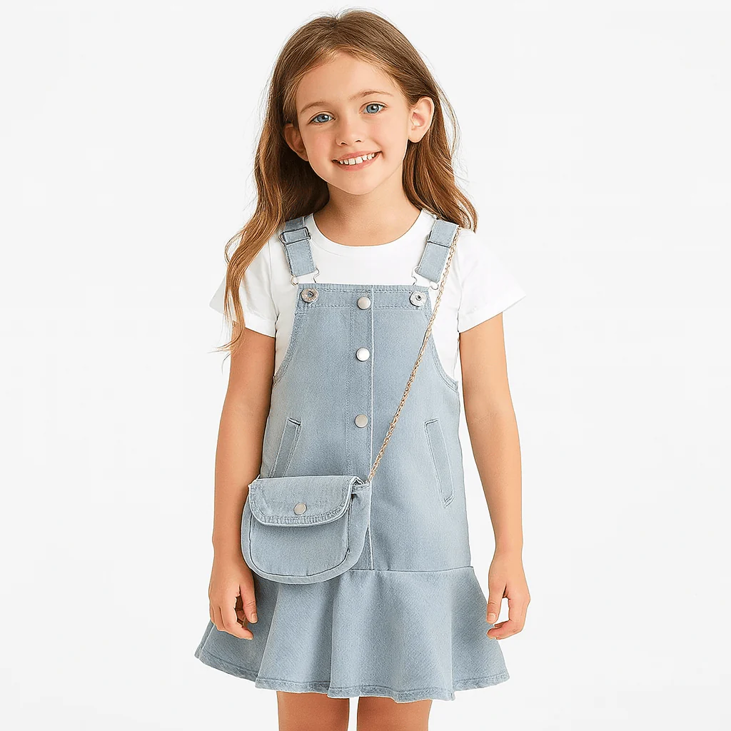 Girls' Denim Ruffle Dress with Purse - Image 8
