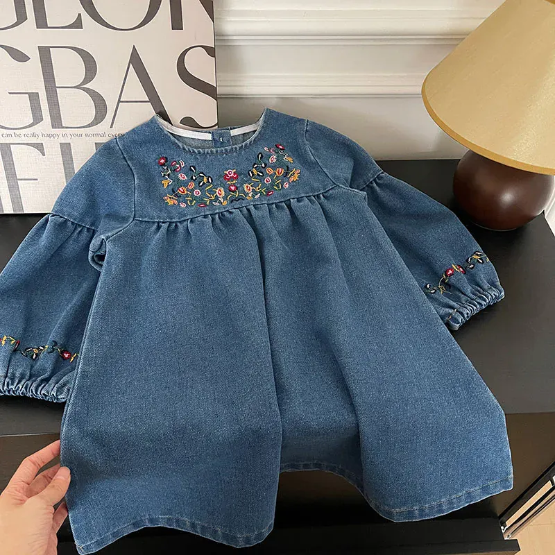 Girls Embroidered Long Sleeve Denim Dress - Image 2