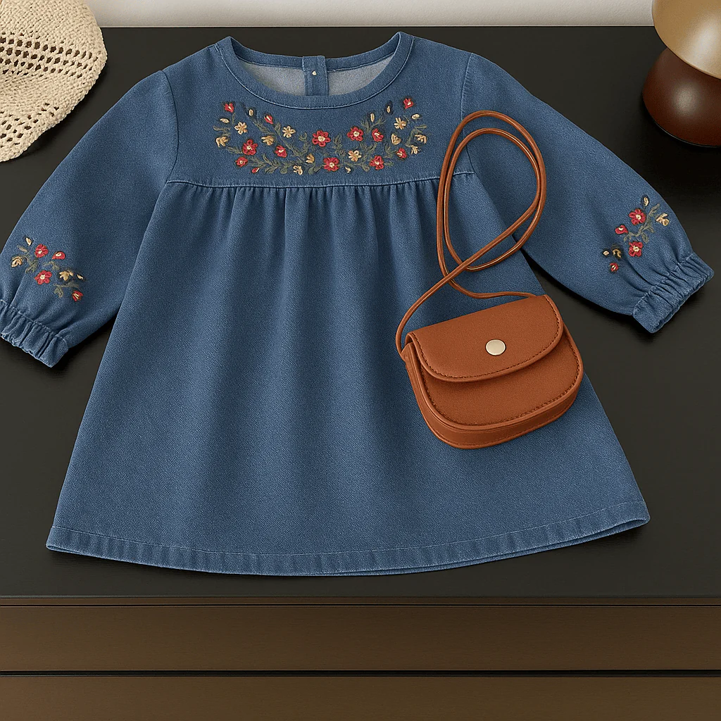 Girls Embroidered Long Sleeve Denim Dress - Image 6