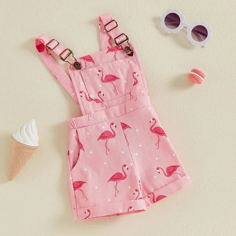 Girls Flamingo Print Denim Overalls - Image 5