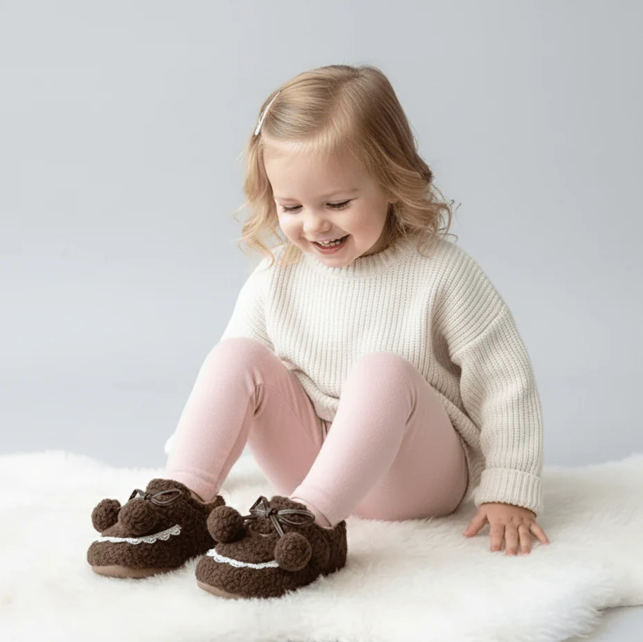 Girls' Fluffy Winter Flats with Pompoms - Image 5