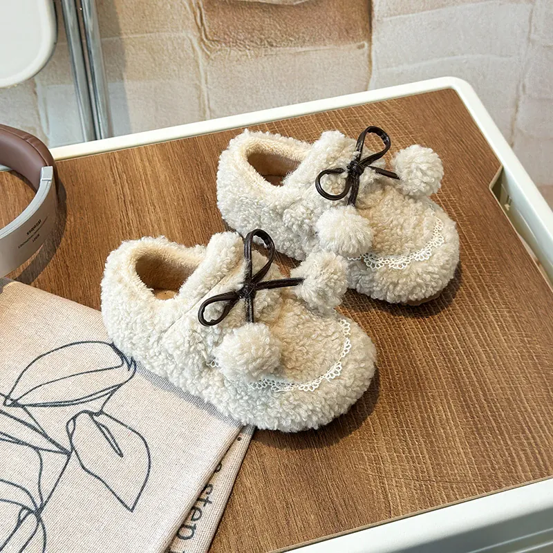 Girls' Fluffy Winter Flats with Pompoms - Image 7