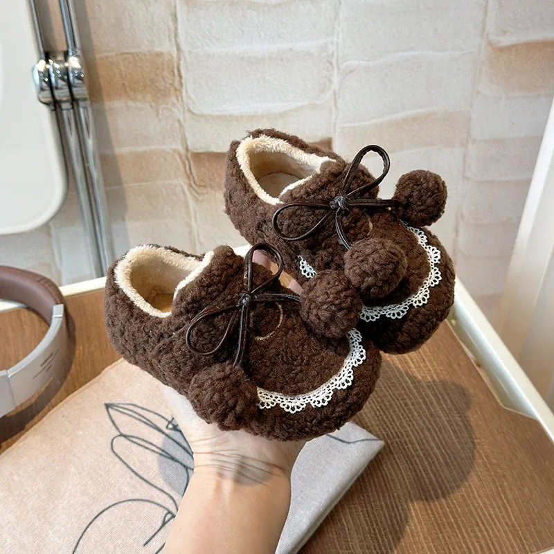 Girls' Fluffy Winter Flats with Pompoms - Image 9