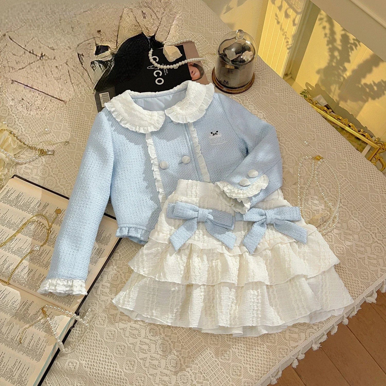Girls Lace Trimmed Top and Frill Skirt Set