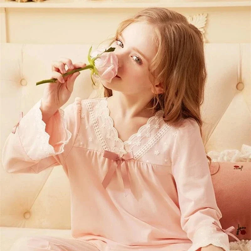 Girls Long Sleeve Lace Pajamas Set - Image 6