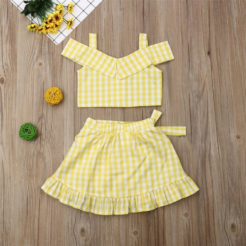 Stylish Yellow Plaid Wrap Skirt Set