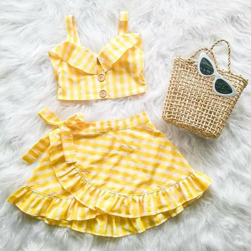 Stylish Yellow Plaid Wrap Skirt Set - Image 2