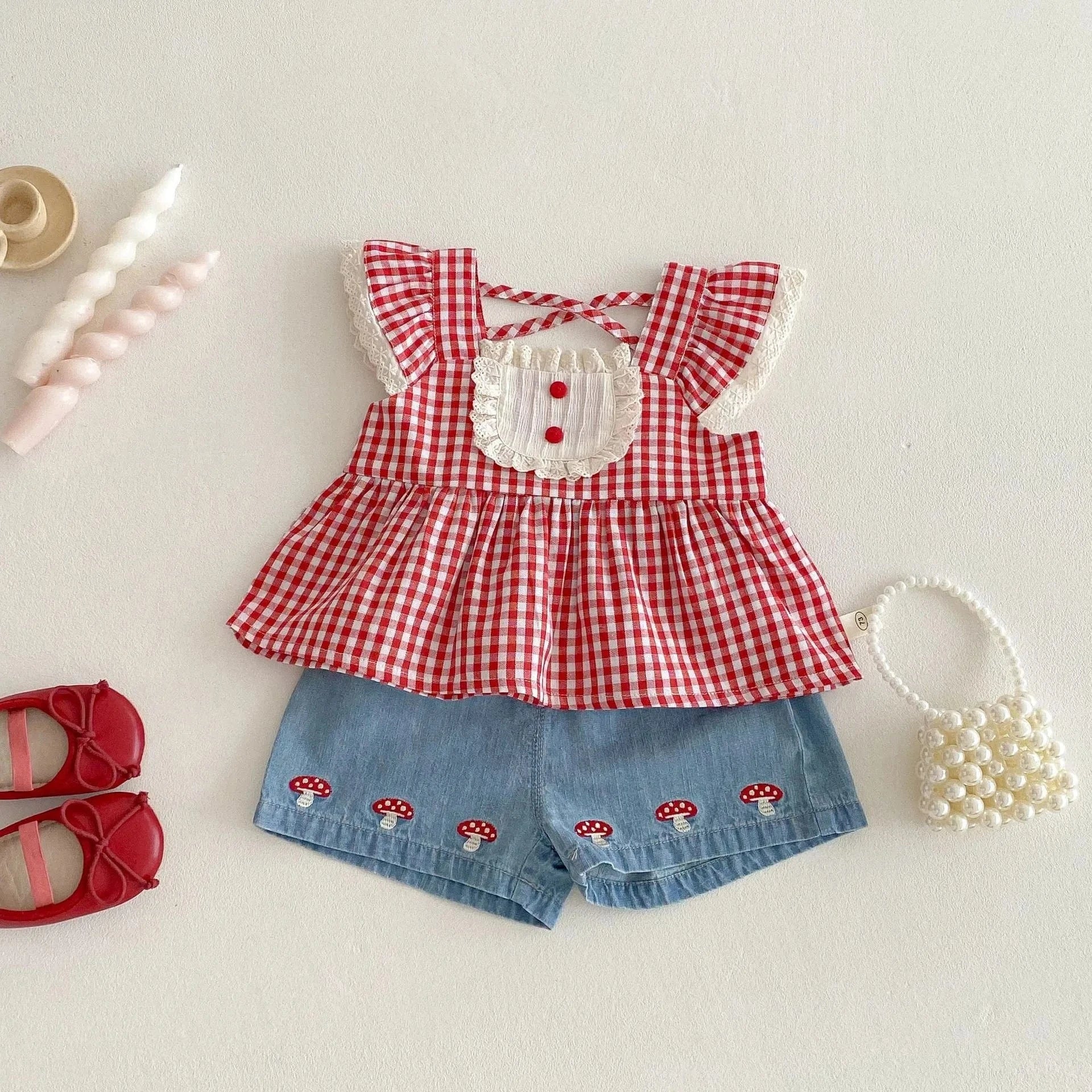 Girls Red Gingham Top and Denim Shorts Set - Image 3