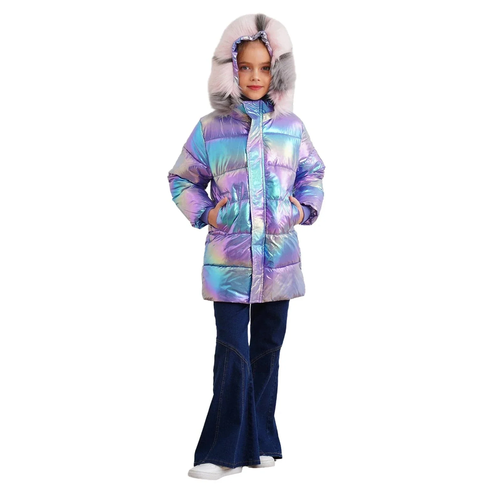Girls Shiny Metallic Puffer Coat - Image 3
