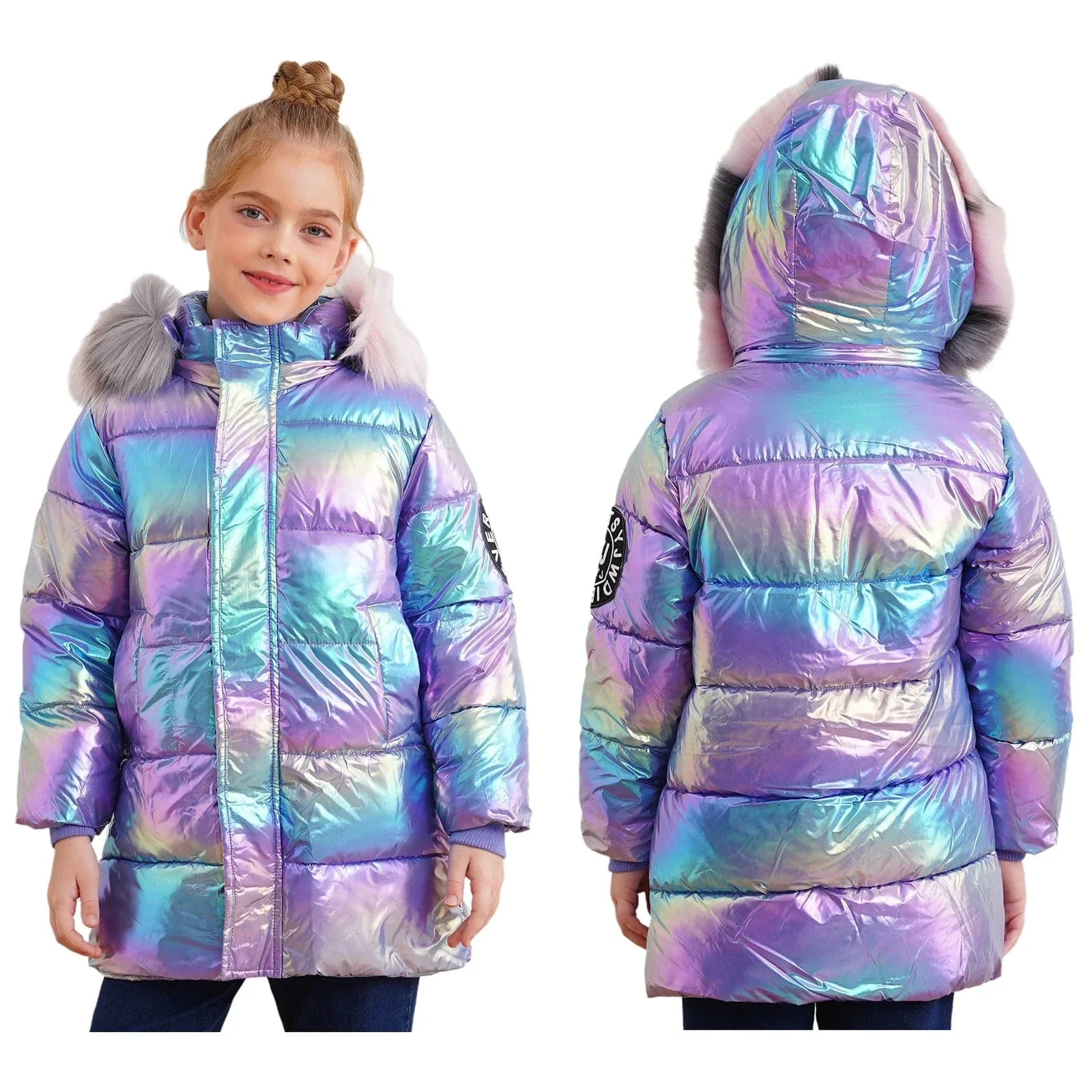 Girls Shiny Metallic Puffer Coat - Image 8