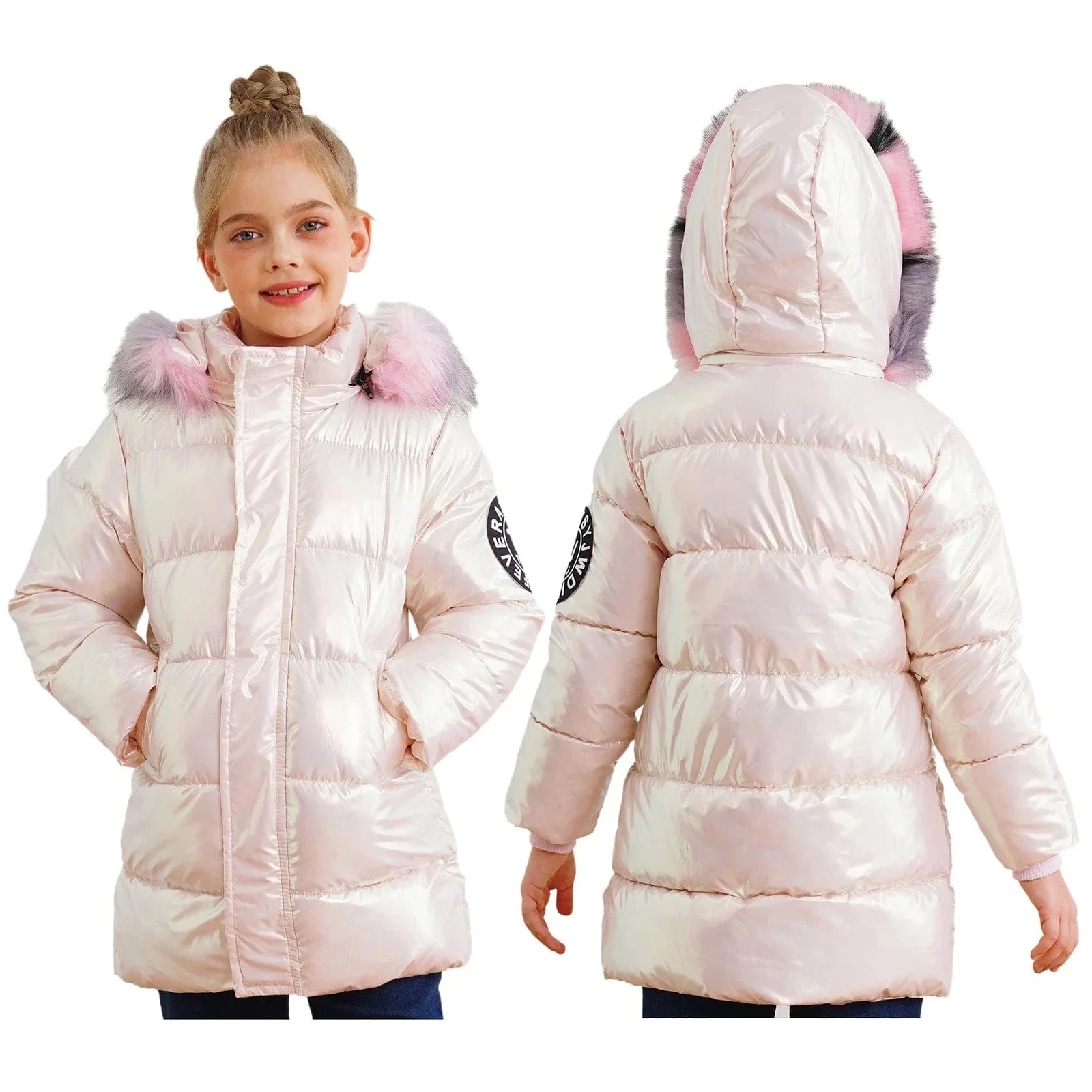 Girls Shiny Metallic Puffer Coat - Image 9
