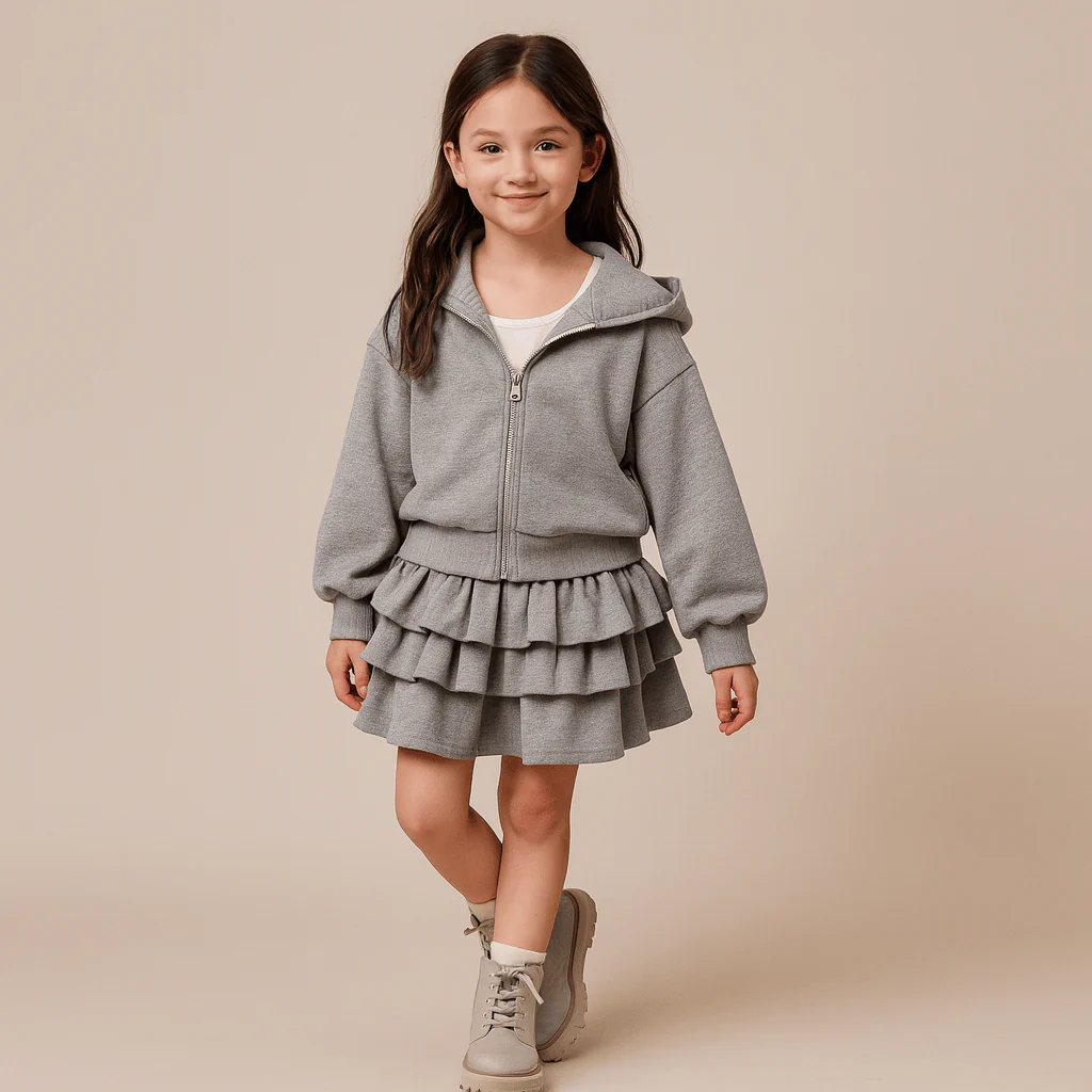 Girls Spring Hoodie and Layered Cake Skirt Set - Image 3