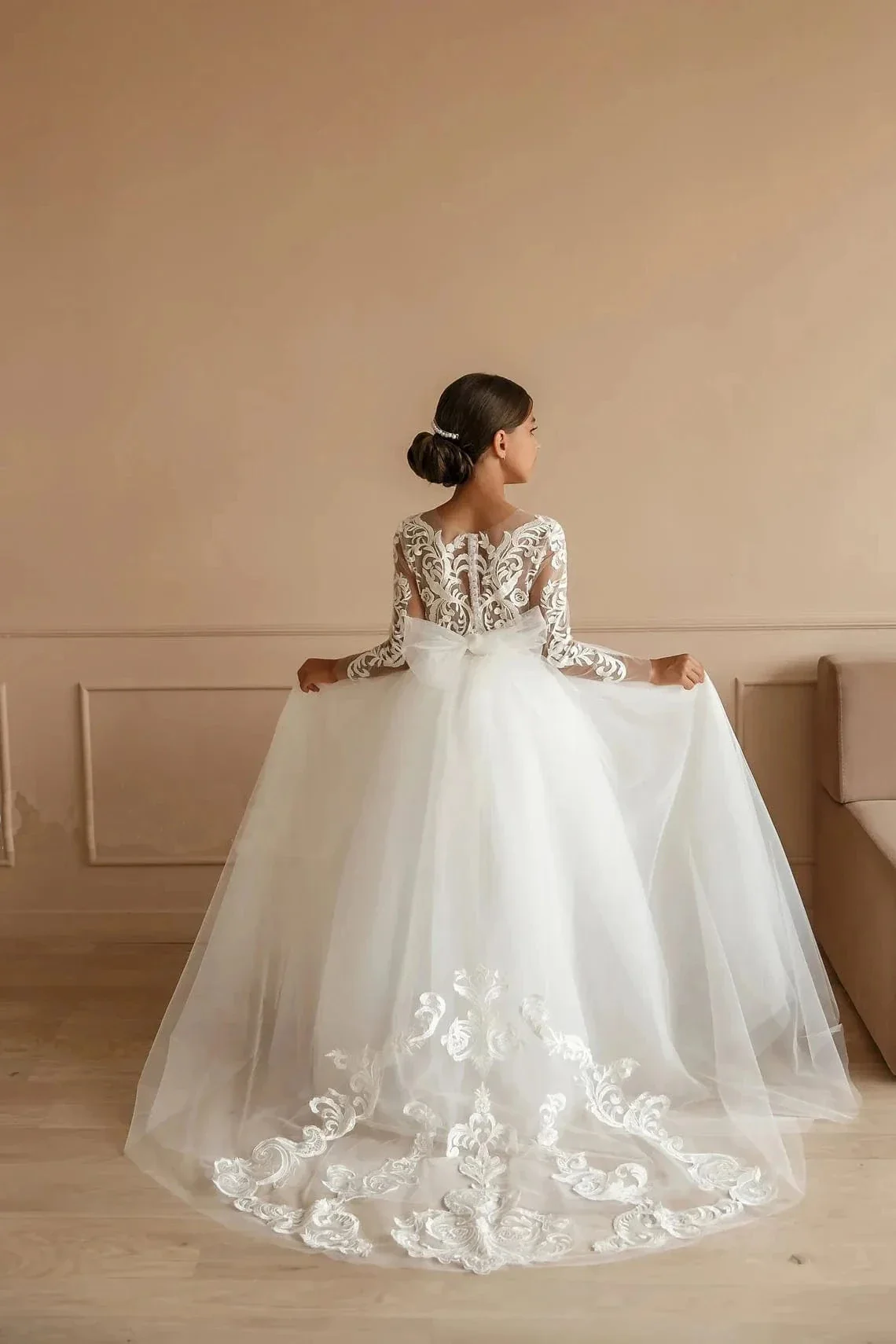 Girls White Lace Communion Dress - Image 3