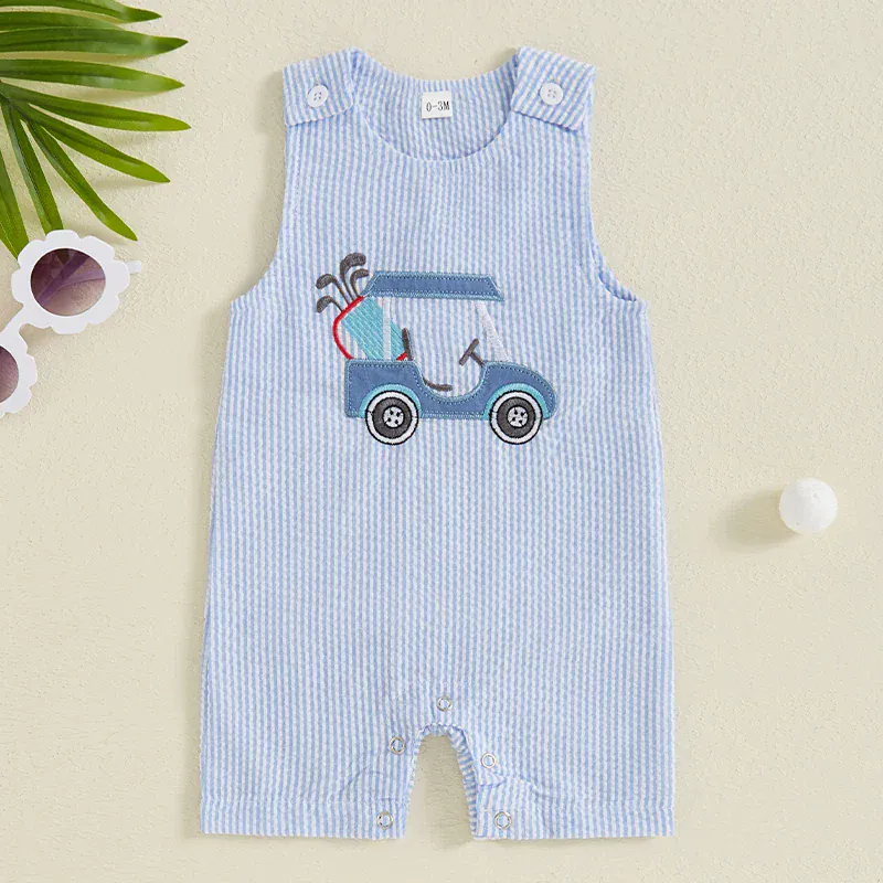 Golf Cart Appliqué Striped Romper - Image 3