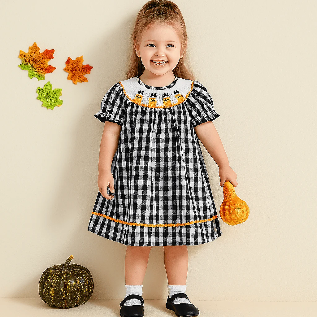 Halloween Plaid Dress with Candy Corn Embroidery - Image 4