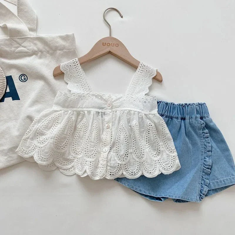 Girl Lace Crop Top & Denim Shorts Set - Image 6