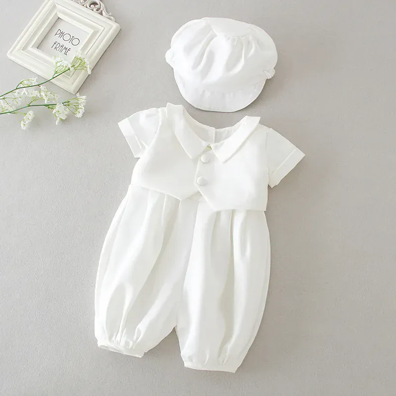 Ivory Baby Baptism Jumpsuit with Hat - Image 2