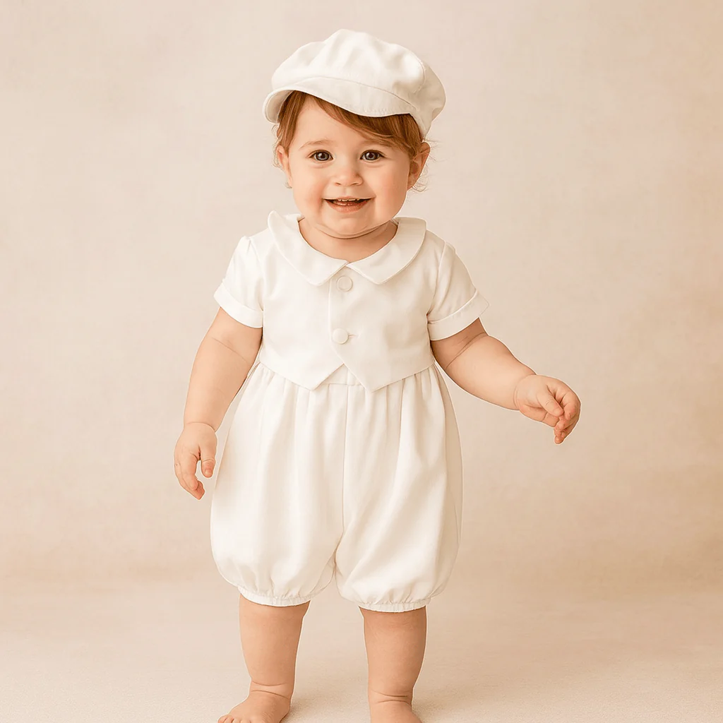 Ivory Baby Baptism Jumpsuit with Hat - Image 3