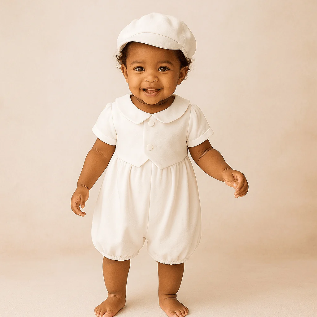 Ivory Baby Baptism Jumpsuit with Hat - Image 4