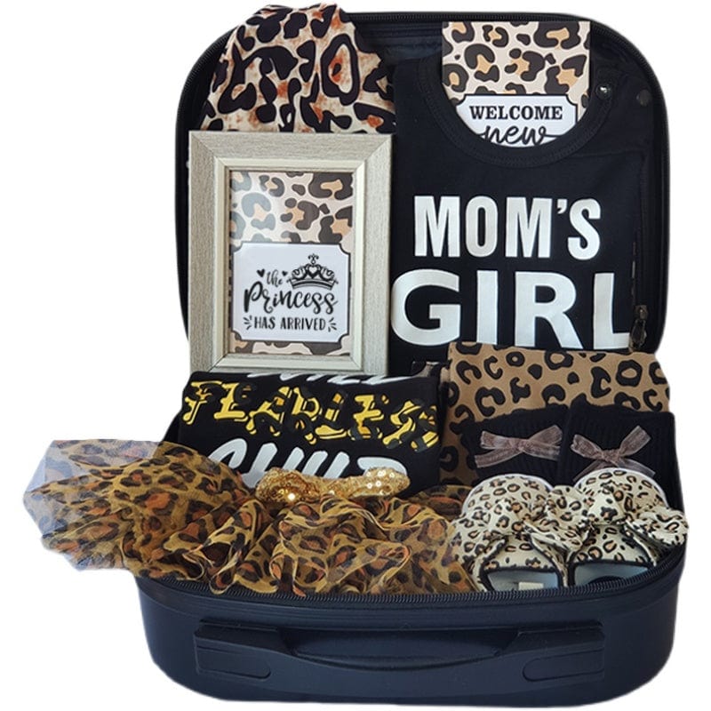 Momorii Baby Girl Gift Set, Leopard Theme, Jumpsuit, Romper, Socks, Beanie, In A Suitcase - Image 2