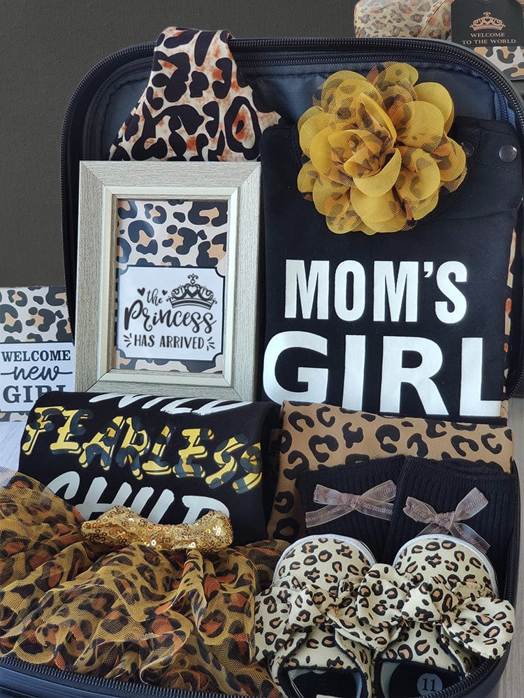 Momorii Baby Girl Gift Set, Leopard Theme, Jumpsuit, Romper, Socks, Beanie, In A Suitcase - Image 3