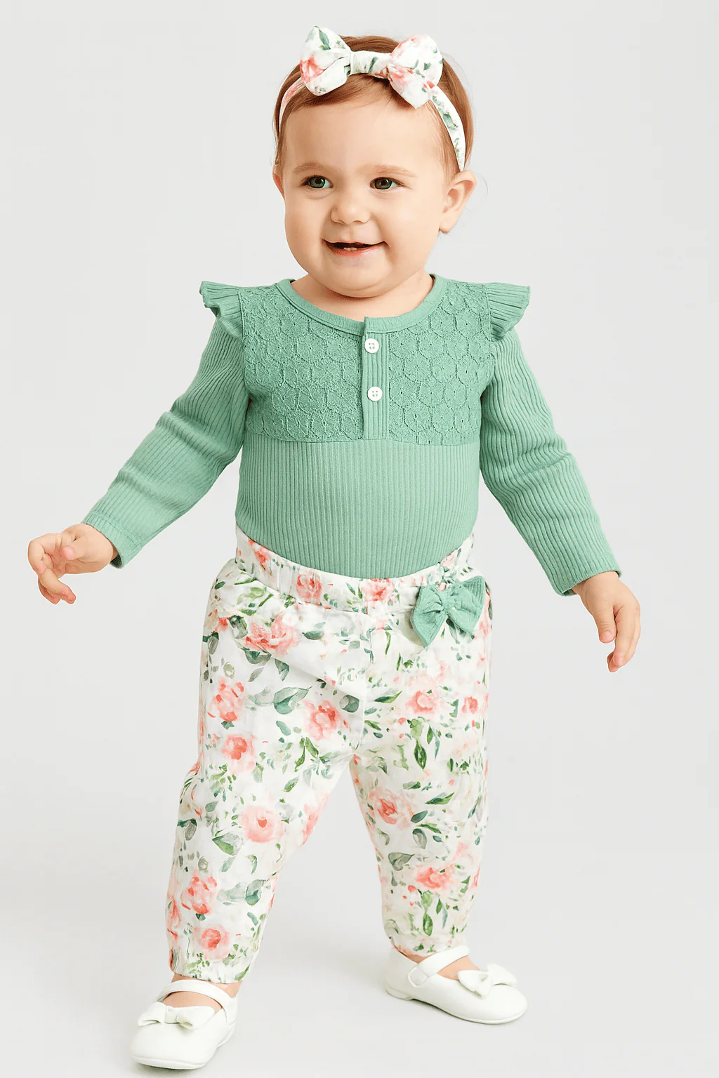 Long Sleeve Romper, Floral Pants and Headband Set - Image 3