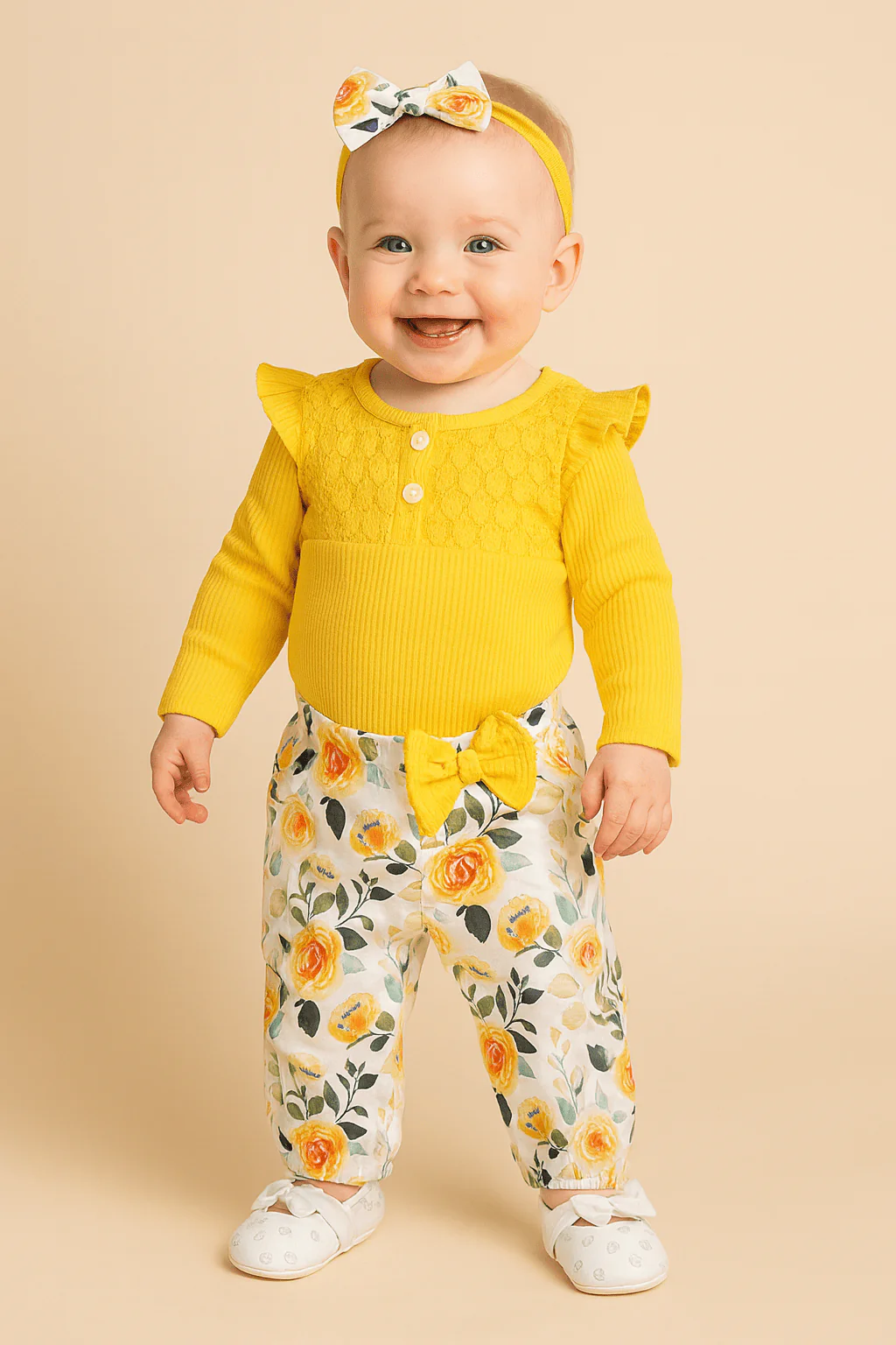 Long Sleeve Romper, Floral Pants and Headband Set - Image 4