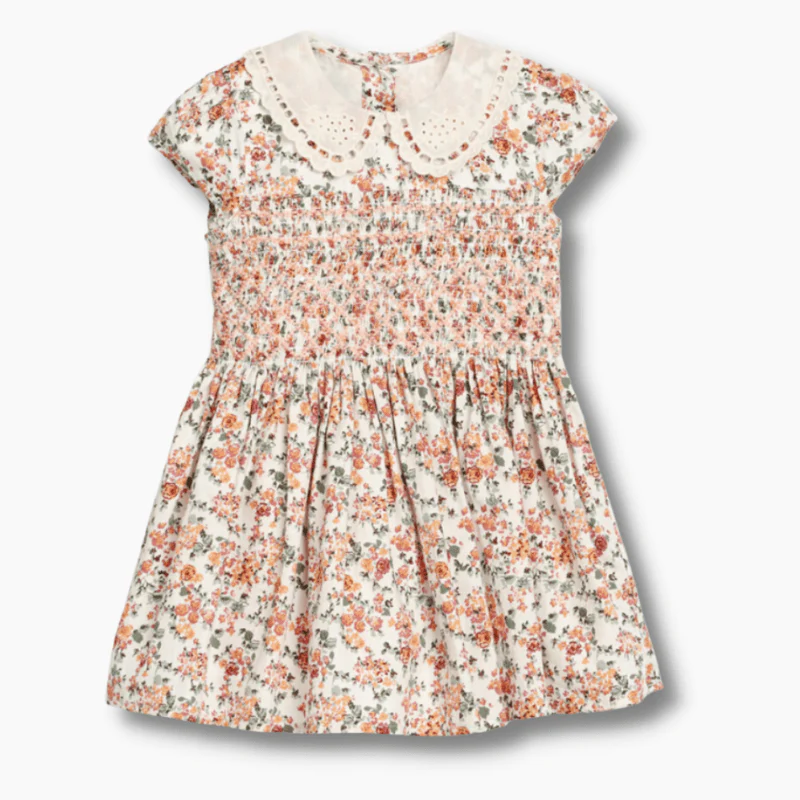Orange Floral Print Smocked Dress