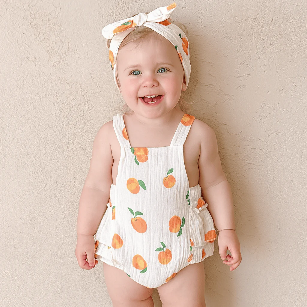 Peach Print Baby Girl Summer Romper - Image 2