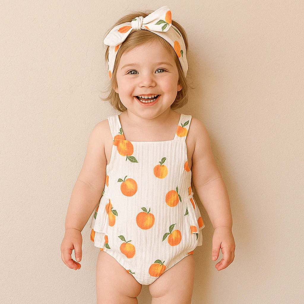 Peach Print Baby Girl Summer Romper - Image 3