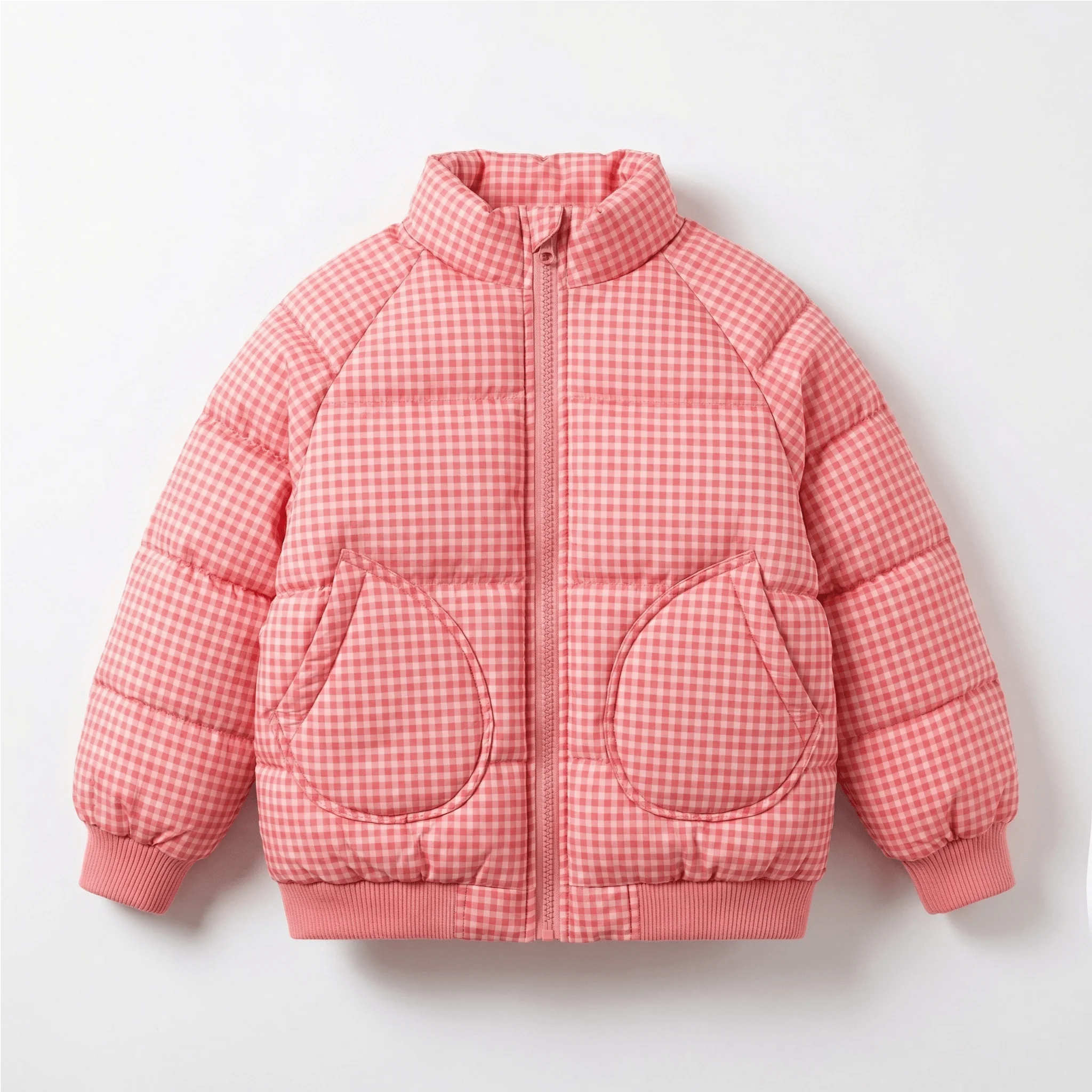 Pink Grid Plush-Lined Winter Jacket for Girls - Image 2