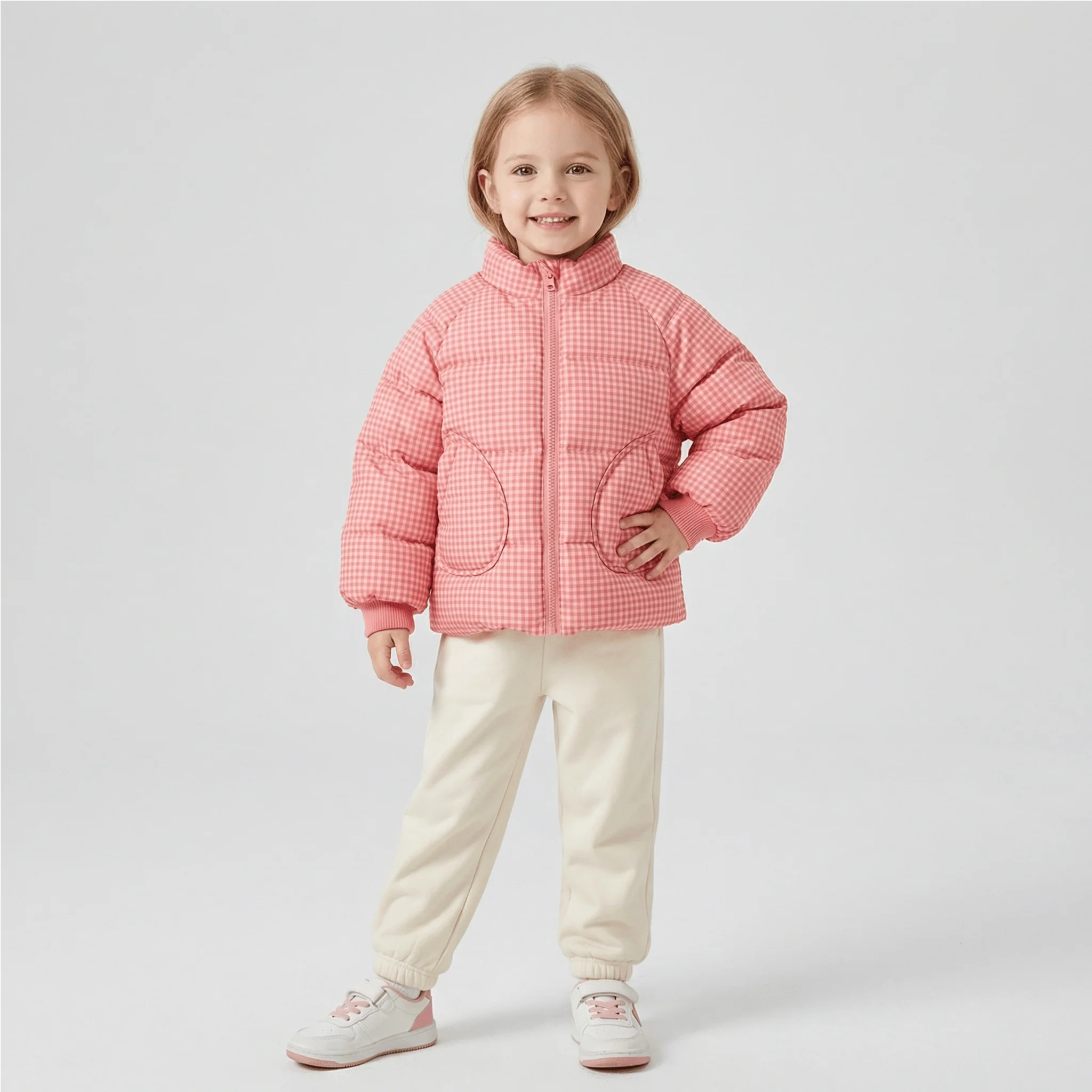 Pink Grid Plush-Lined Winter Jacket for Girls - Image 4