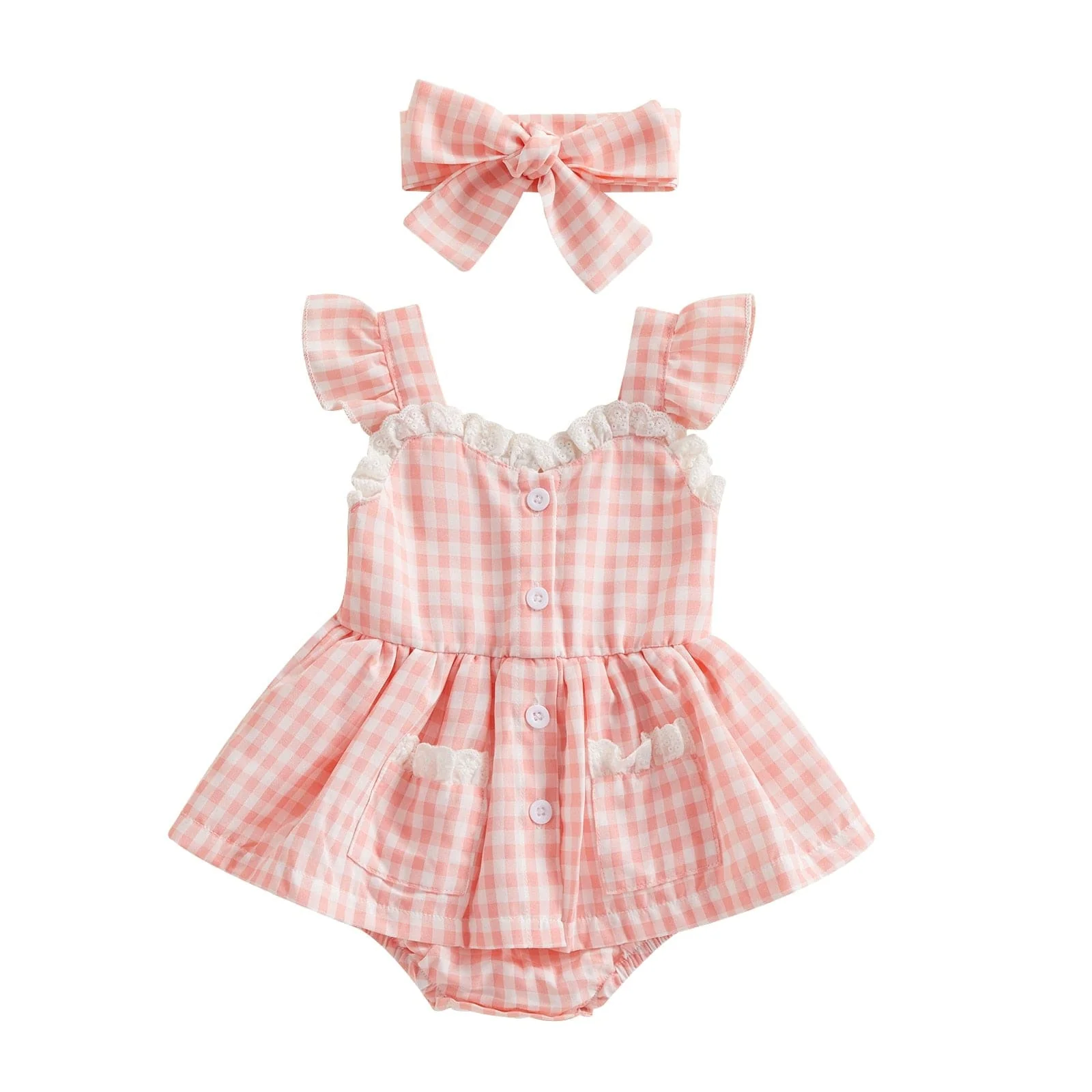 Plaid Baby Romper with Headband - Image 4