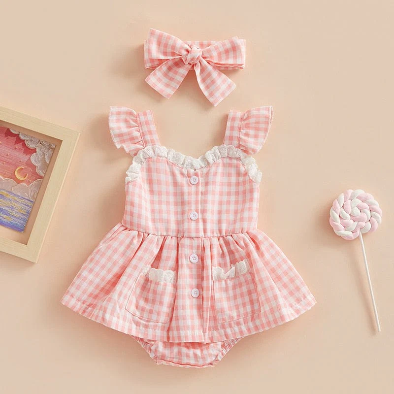 Plaid Baby Romper with Headband - Image 5