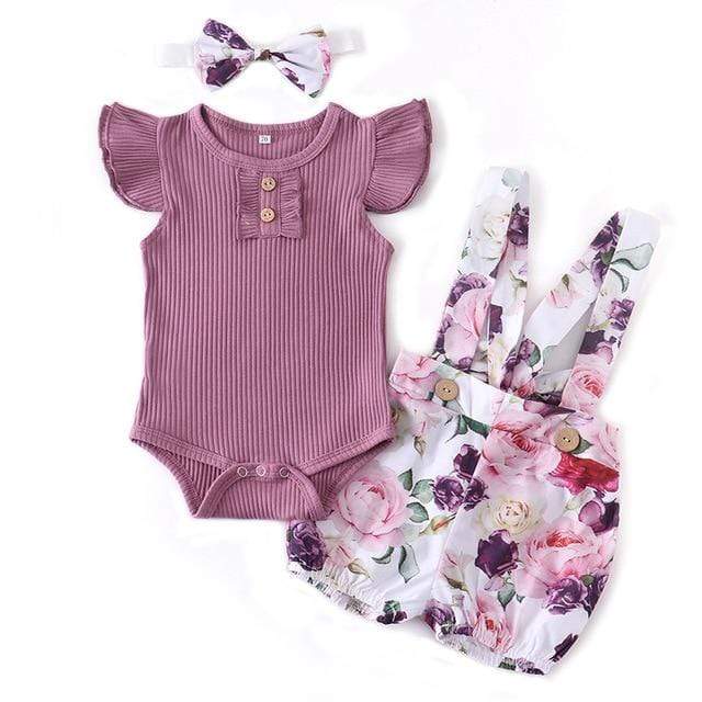 Purple Floral Suspender Shorts Outfit