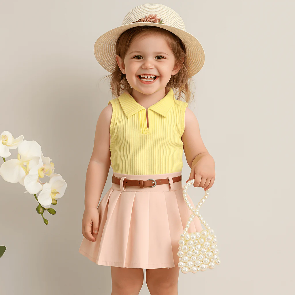 Ribbed Lapel Vest Top and Pleated Skirt Set - Image 3