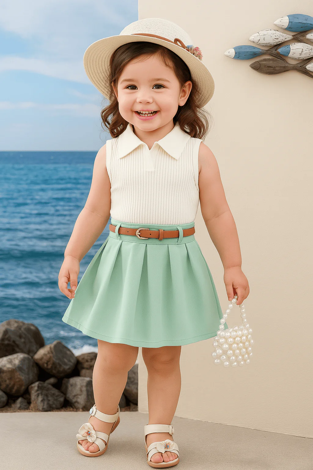 Ribbed Lapel Vest Top and Pleated Skirt Set - Image 4