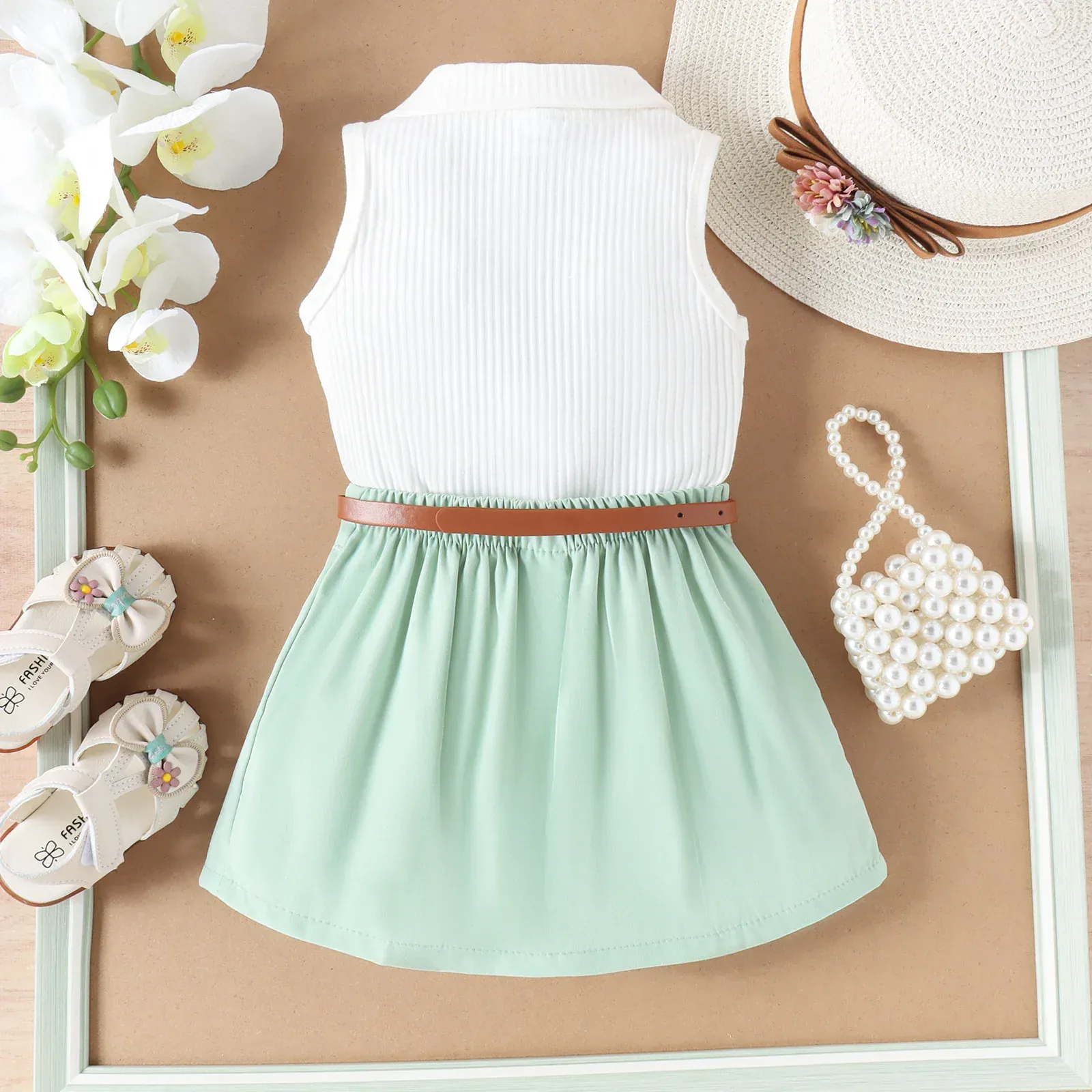 Ribbed Lapel Vest Top and Pleated Skirt Set - Image 7