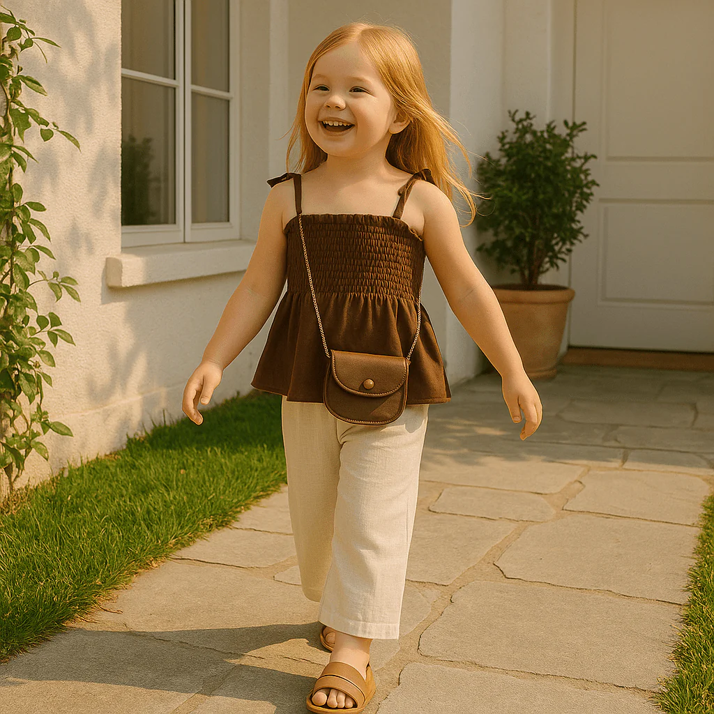 Ruffle Strap Top and Beige Pants Set - Image 3