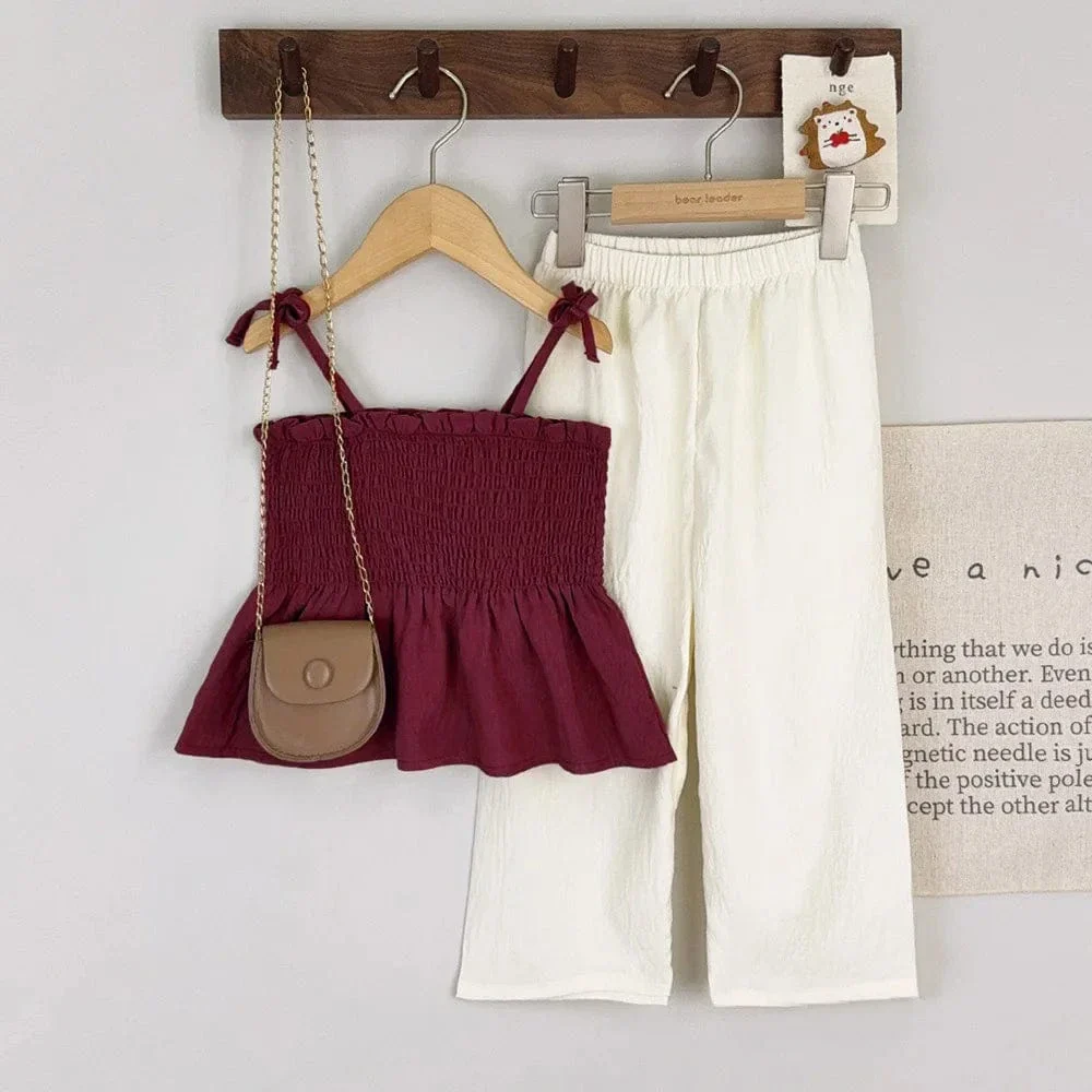 Ruffle Strap Top and Beige Pants Set - Image 9