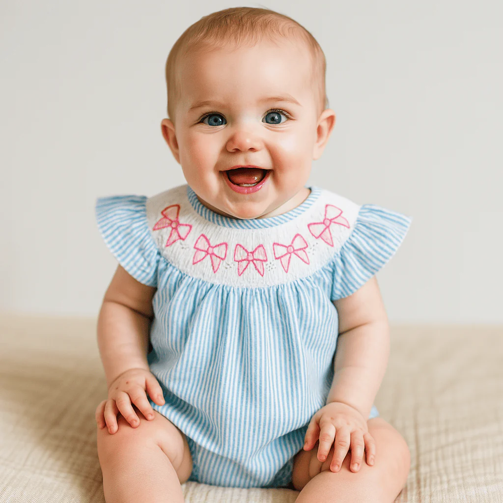 Smocked Bow Embroidered Baby Girl Romper - Image 2