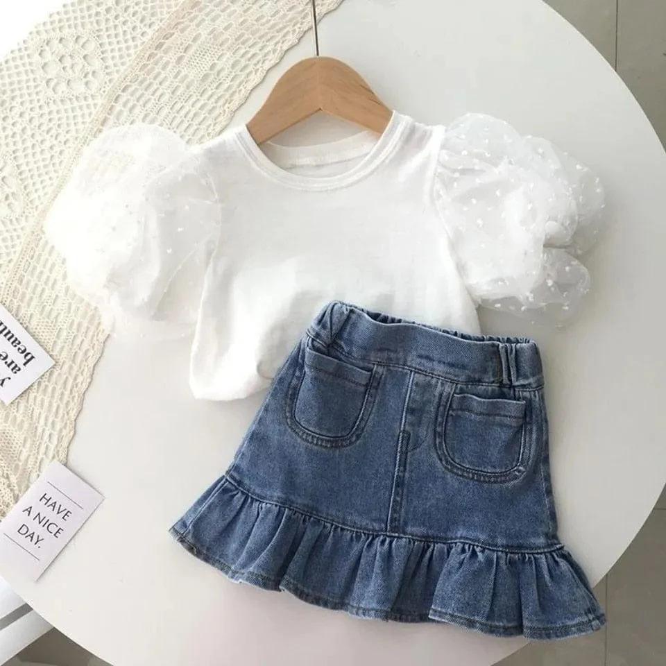 Stylish Puff Sleeve Top and Denim Skirt Set - Image 3