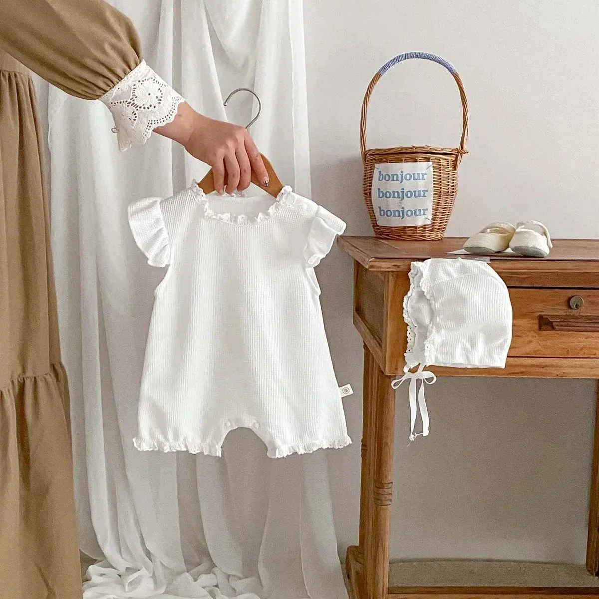 Summer Baby Girls Romper with Matching Bonnet - Image 3