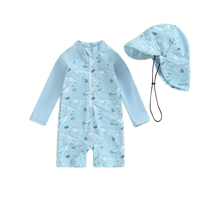 Toddler Boy Long Sleeve Swimsuit with Sun Hat - Image 12