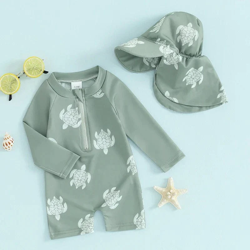 Toddler Boy Long Sleeve Swimsuit with Sun Hat - Image 4