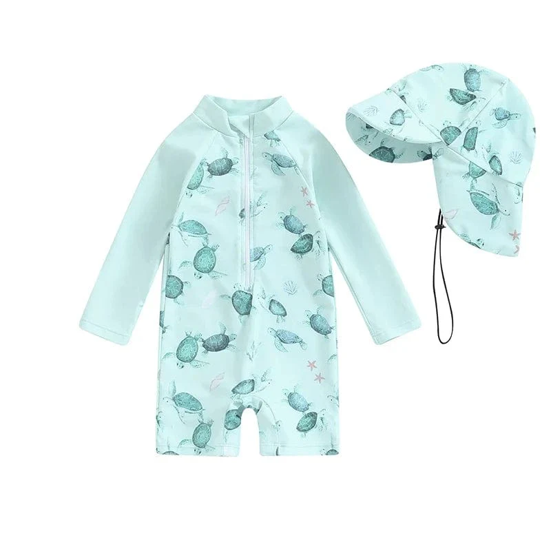 Toddler Boy Long Sleeve Swimsuit with Sun Hat - Image 9
